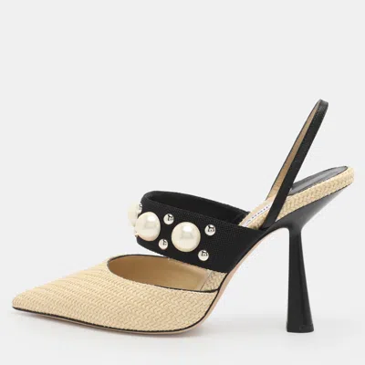 Pre-owned Jimmy Choo Breslin Size 40 Beige/black Balistic Nylon And Raffia Pumps In Sand