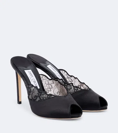 Jimmy Choo Brigitte Lace-trimmed Satin Mules In Black