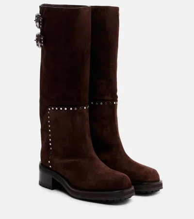 Jimmy Choo Brooklyn 50 Studded Suede Knee-high Boots In Brown