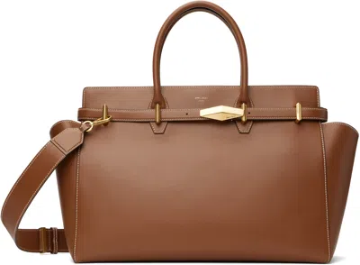 Jimmy Choo Brown Diamond Belted M Top Handle Bag In Tan/ecru/gold