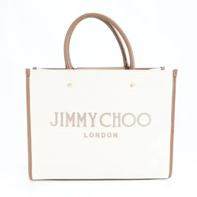 Pre-owned Jimmy Choo Brown Ivory Leather Canvas Shoulder Bag Tote Bag ()