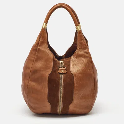 Pre-owned Jimmy Choo Brown Leather And Suede Mandah Expandable Hobo