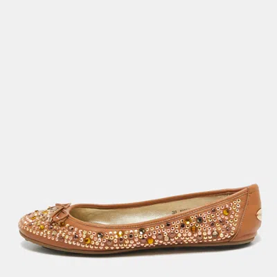 Jimmy Choo Brown Leather Crystal Embellished Ballet Flats