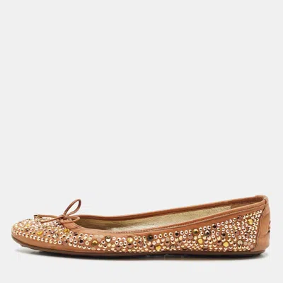 Jimmy Choo Brown Leather Crystal Embellished Ballet Flats