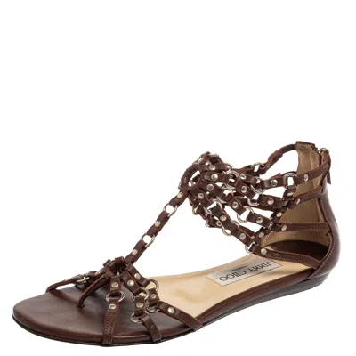 Jimmy Choo Brown Leather Studded Caged T-strap Flat Sandals
