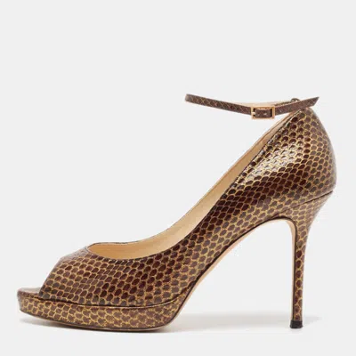 Pre-owned Jimmy Choo Brown Python Leather Peep Toe Pumps Size 39.5