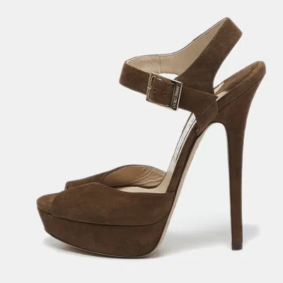 Pre-owned Jimmy Choo Brown Suede Ankle Strap Platform Sandals Size 39.5