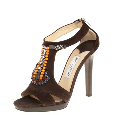 Jimmy Choo Brown Suede Beaded T-strap Tribal Sandals