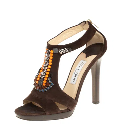 Pre-owned Jimmy Choo Brown Suede Beaded T-strap Tribal Sandals Size 38.5