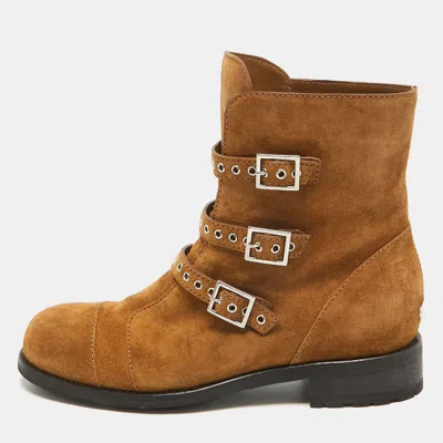 Pre-owned Jimmy Choo Brown Suede Dover Moto Boots Size 38