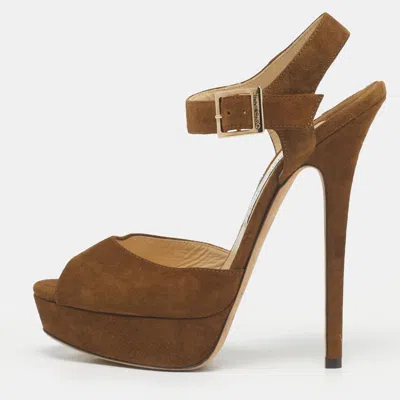 Pre-owned Jimmy Choo Brown Suede Kayden Ankle Strap Sandals Size 39.5