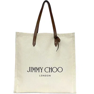 Pre-owned Jimmy Choo Brown White Canvas Leather Tote Bag () In Brown, White