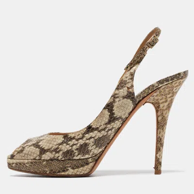 Pre-owned Jimmy Choo Brownbeige Python Embossed Leather Slingback Peep Toe Pumps Size 39.5 In Beige