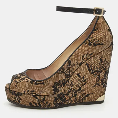Jimmy Choo Brown/black Cork And Lace Wedge Ankle Strap Pumps