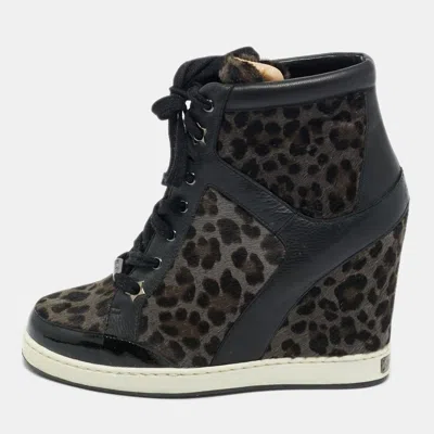 Jimmy Choo Brown/black Leopard Print Calf Hair And Leather Wedge Sneakers