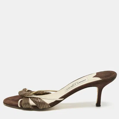 Pre-owned Jimmy Choo Brown/gold Fabric And Leather Slide Sandals Size 38.5