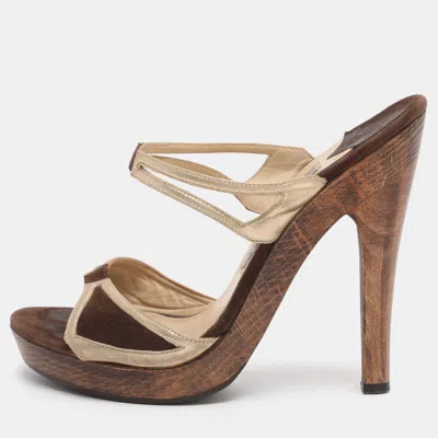 Jimmy Choo Brown/gold Leather And Suede Henri Wooden Slide Sandals