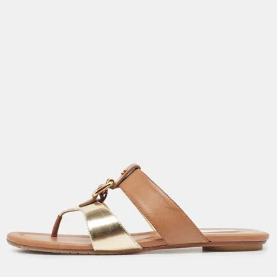 Pre-owned Jimmy Choo Brown/gold Leather Flat Slides Size 38