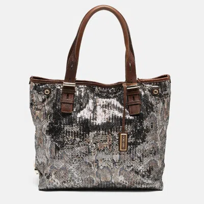 Pre-owned Jimmy Choo Brown/metallic Python Print Sequins And Leather Bea Tote