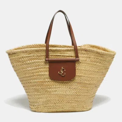 Pre-owned Jimmy Choo Brown/natural Leaf Raffia Macy Tote In White