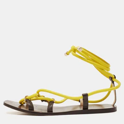 Pre-owned Jimmy Choo Brown/yellow Rope And Leather Aziza Flat Ankle Wrap Sandals Size 39.5