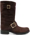 Jimmy Choo Buckle Biker Suede Boots In Brown