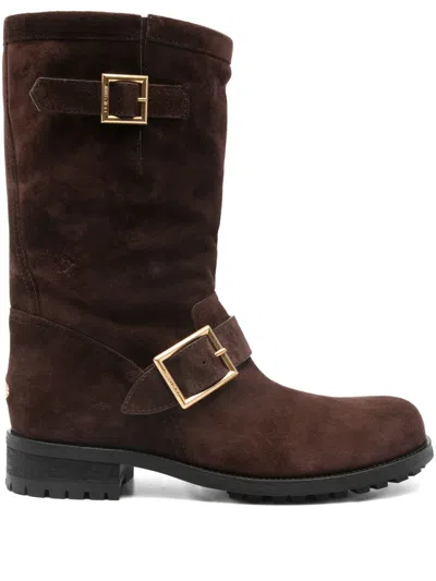Jimmy Choo Buckle Biker Suede Boots In Brown