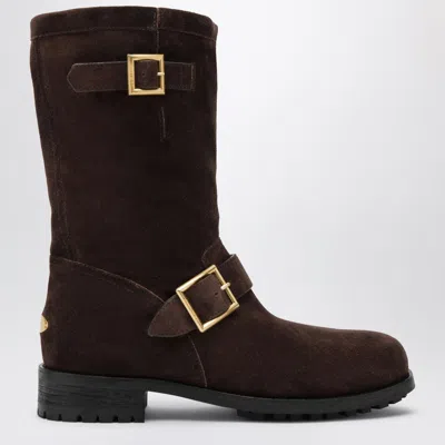 Jimmy Choo Mid Calf Boots Block Heel Buckle Detail In Brown
