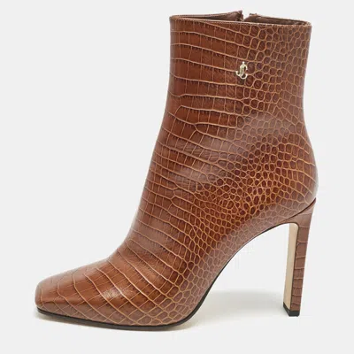 Pre-owned Jimmy Choo Burgundy Croc Embossed Leather Ankle Length Boots Size 40.5