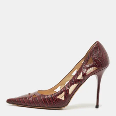 Pre-owned Jimmy Choo Burgundy Croc Embossed Leather Love Pumps Size 39