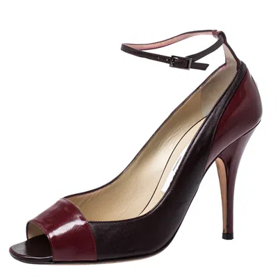 Jimmy Choo Burgundy Leather And Patent Leather Peep Toe Ankle Strap Pumps In Multi
