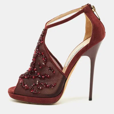 Pre-owned Jimmy Choo Burgundy Mesh And Suede Crystal Embellished Ankle Strap Sandals Size 37.5