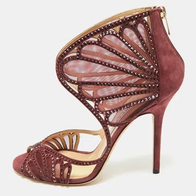 Pre-owned Jimmy Choo Burgundy Mesh And Suede Crystal Embellished Sandals Size 39