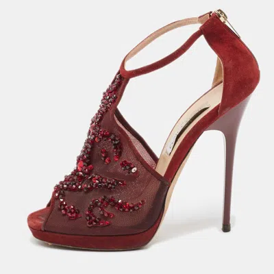 Pre-owned Jimmy Choo Burgundy Mesh And Suede Embellished Ankle Strap Sandals Size 38.5