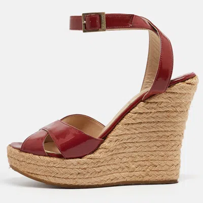 Jimmy Choo Burgundy Patent Leather Phoenix Espadrille Wedge Sandals In Red