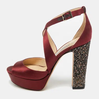 Pre-owned Jimmy Choo Burgundy Satin And Glitter April Platform Sandals Size 38