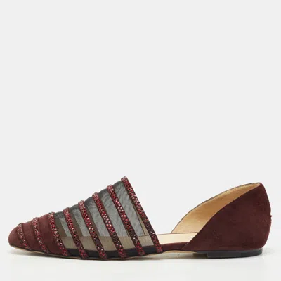 Pre-owned Jimmy Choo Burgundy Suede And Mesh Crystal Embellished Globe Flats Size 40