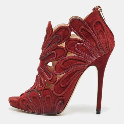 Jimmy Choo Burgundy Suede Floral Cut Out Peep Toe Ankle Booties In Red