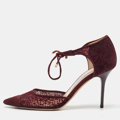 Pre-owned Jimmy Choo Burgundy Velvet Mesh And Suede Vince Ankle Tie Sandals Size 37.5