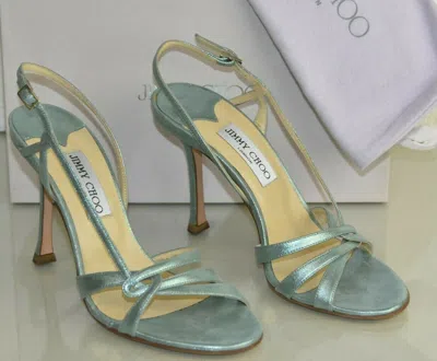 Pre-owned Jimmy Choo Burma Sandals Suede Metallic Leather Strappy Mint Green Shoes 39