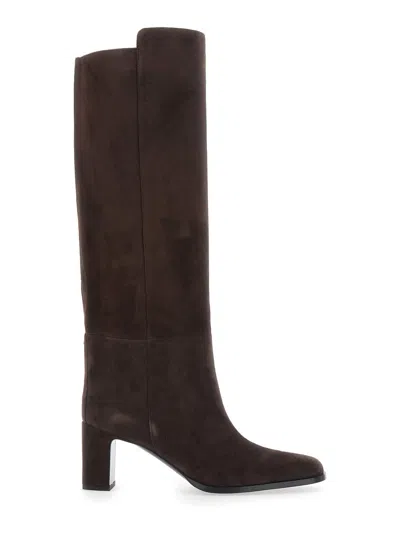 Jimmy Choo Caly Round-toe Suede Knee-high Boots With Medium Heel In Brown