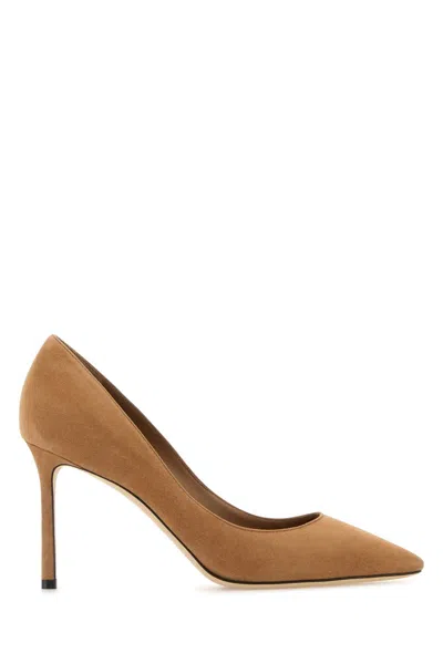 JIMMY CHOO CAMEL SUEDE ROMY 85 PUMPS
