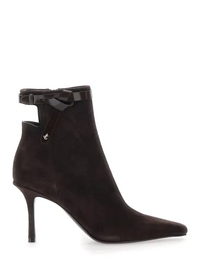 Jimmy Choo Camie Suede Ankle Boots With Knot Detail And Cut-out Back In Brown