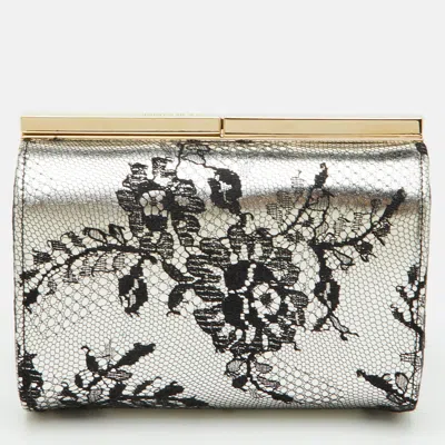 Pre-owned Jimmy Choo Camille Grey/black Metallic Leather And Lace Clutch In Gray