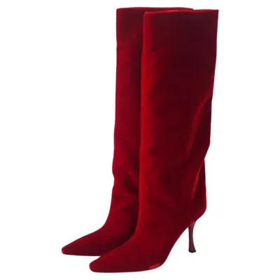 Pre-owned Jimmy Choo Chad 90 Pointed Toe Red Velvet Knee High Boots 41