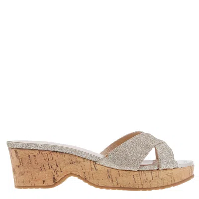 Jimmy Choo Champagne Panna Glitter Fabric Wedges, Brand Size 34 ( Us Size 4 ) In Multi