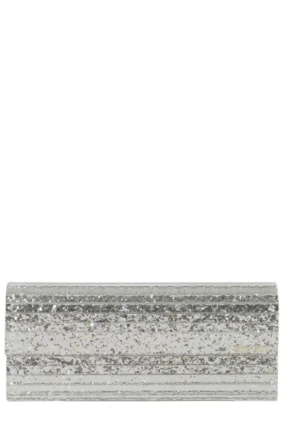 Jimmy Choo Champagne Silver Coarse Glitter Clutch In White