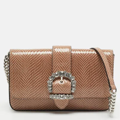 Pre-owned Jimmy Choo Cheri Crystals Brown Lizard Print Fabric And Leather Wallet On Chain