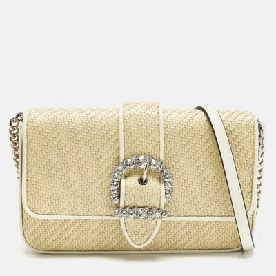 Pre-owned Jimmy Choo Cheri Crystals White/beige Raffia Wallet On Chain