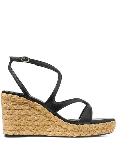 Jimmy Choo Raffia Wedge Sandals With Square Toe And Adjustable Ankle Strap In Black